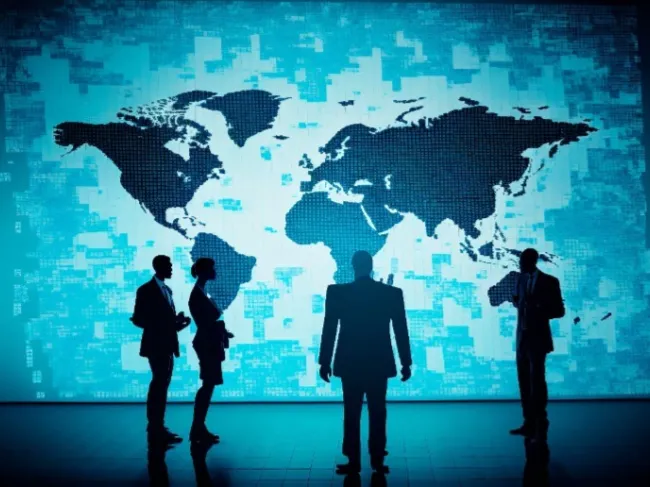 powerful people looking at world map